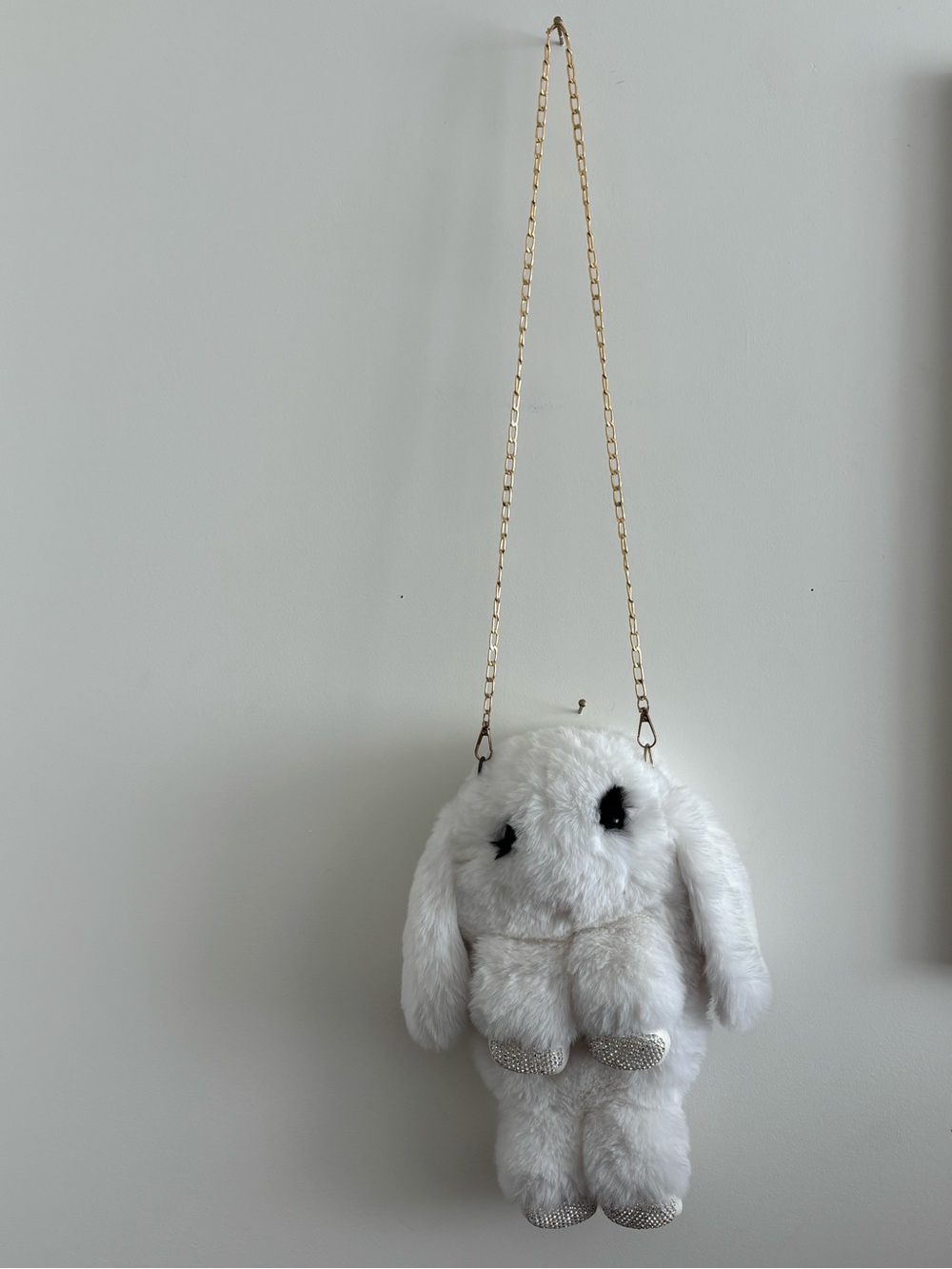 White Plush Bunny Crossbody Bag with Gold Chain